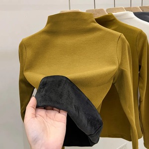 Women's High Neck Fleece Lined Long Sleeve <b>Top</b> Mustard Warm Solid Color Polyester Sweatshirt Autumn Winter Base <b>Layer</b> - Product Image 1