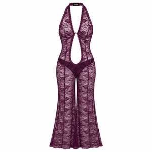 Anjie OEM ODM Womens Purple Sheer Lace Halter <strong>Jumpsuit</strong> Custom Private Label Plunge Flare Leg Beach Cover up Wholesale - Product Image 1