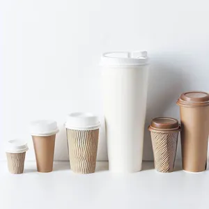 Grosir Logo kustom Vintage sekali pakai minuman panas dapat menjadi kompos kertas kopi dinding ganda dengan tutup sedotan