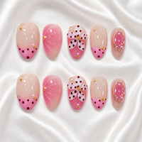 Lot de 10 faux ongles amande roses mignons faits à la main, motif pois et fleurs, à presser, style adorable