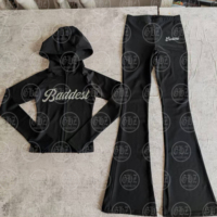 Nouvel ensemble décontracté 2 pièces tendance automne 2026 : veste de sport imprimée à capuche, coupe ajustée et élastique, avec pantalon long évasé