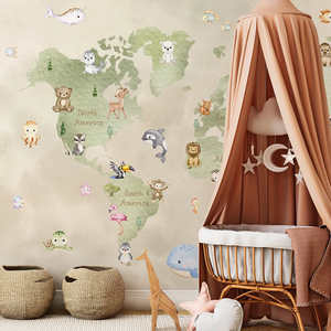 Carte du monde avec animaux, papier peint mural non tissé, décoration murale personnalisable, moderne, pour bibliothèque préscolaire, café pour enfants, aire de jeux, durable - Product Image 1