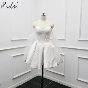 Ruolai QD06065 Simple Short Sweetheart Wedding Dress Satin Ruffles Skirt Bridal Gowns with Detachable Train