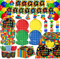 Décorations de fête d'anniversaire sur le thème des blocs de construction : Assiettes en papier (dîner/dessert), Gobelets, Serviettes, Nappe, Couverts, Décorations pour cupcakes, Drapeaux, Spirales