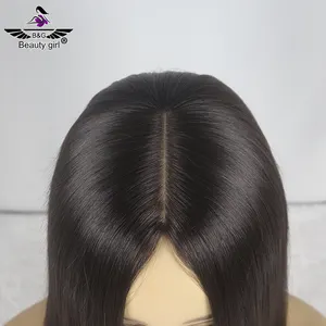 Grosir rambut asli kutikula atas datar Wig manusia mentah dengan pinggiran Wig buatan tangan penuh Wig atas sutra kulit kepala realistis