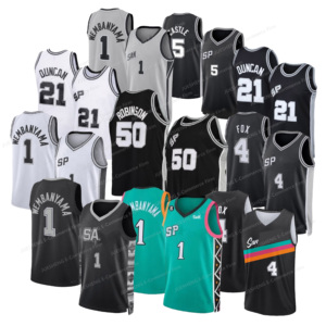 Venta al por Mayor 2026 San <span class=keywords><strong>Antonio</strong></span> 1 # Victor Wembanyama 21 # Tim Duncan 50 # David Robinson 4 # Zorro 5 # Camiseta de Baloncesto con Bordado de Castillo - Product Image 1