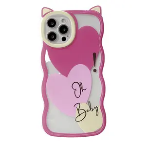 Cute Shockproof Big Wave Edge Hear& Bottle Silicone Soft Tpu Back Cover Phone Case For Iphone 13 Pro Max Cat's Ear Design Bag