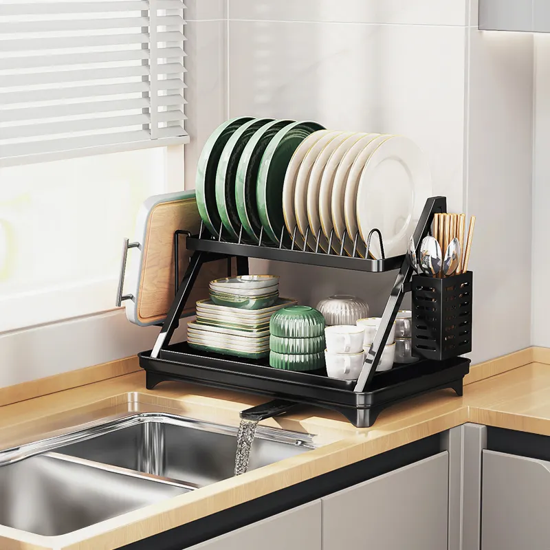 Black Sink Dish Drainer 2 Tie Metal Kitchen Storage Organizer Drying Rack with Utensil Holder