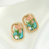 Boucles d'oreilles en forme de fleurs de style antique, peinture à l'huile rose rétro française, style palais, baroque, imitation perle, vente en gros