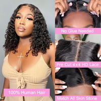 Perruques Courtes Bob Brésiliennes 100% Cheveux Humains Remy Ondulés Profonds 14 Pouces 13x4 avec Fermeture Frontale en Dentelle Transparente 180%