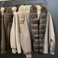 Manteau en fourrure de laine australienne surdimensionné avec col en vraie fourrure de renard, logo personnalisé, veste bomber à manches longues pour femmes