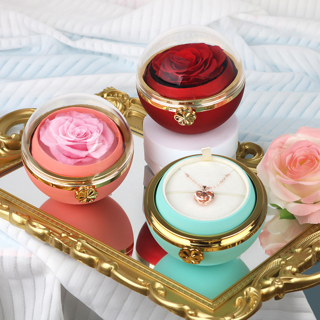 Wholesale Preserved Flower Necklace Ring Gift Box for Valentine's Day Gift Eternal Rose Rounded Rotating Jewelry Box
