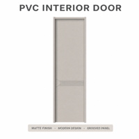 Porte intérieure moderne en PVC gris-beige à panneau rainuré avec cinq lignes horizontales et détail en forme de flèche pour chambre à coucher