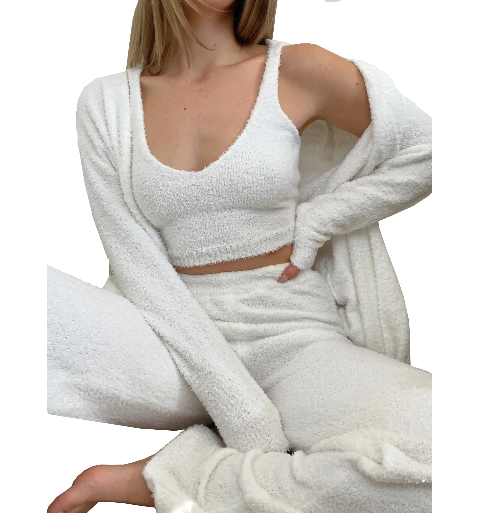Fuzzy Pyjama Shorts Benutzer definierte Damen 3 In 1 Pyjama Plüsch Cardigan Tops Hosen Sexy Cosy Fleece Pyjamas Frau