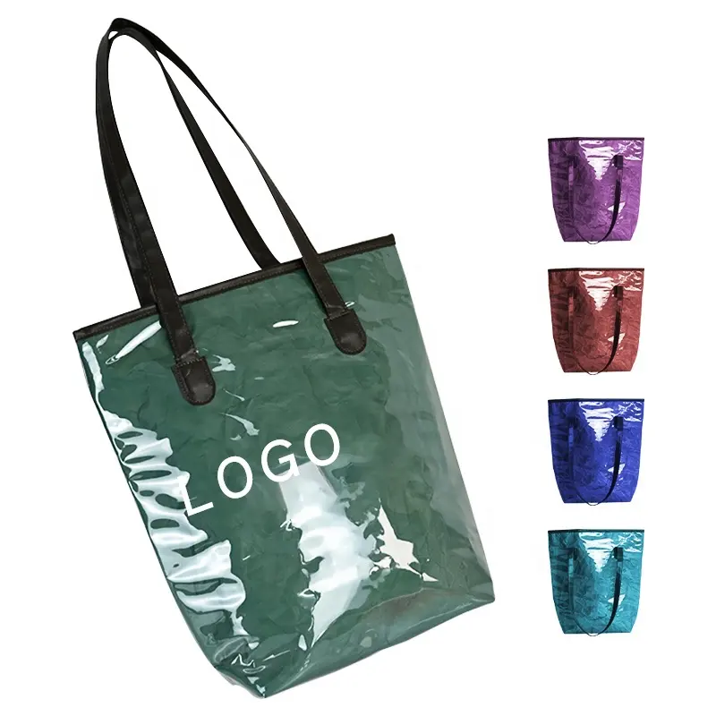 Kunden spezifisches Logo Bunte koreanische Isolierung Wasserdichte transparente Damen-Umhängetasche Pu Griffe PVC-Einkaufstasche Strand tasche