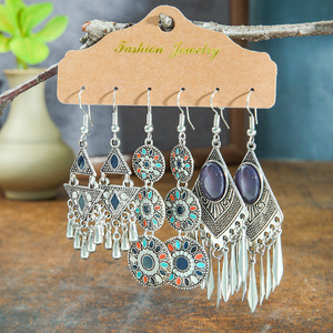 Ensemble de boucles d'oreilles pendantes bohèmes en alliage, design géométrique, plaqué argent antique, bijoux de fête pour femmes - Product Image 2