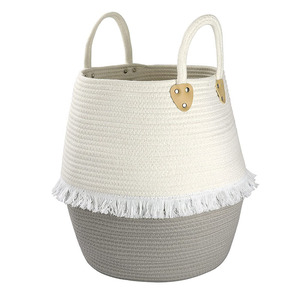 Panier de rangement tissé rond en coton et lin avec poignée, pliable, à pompons, grand format, pour vêtements, gris beige - Product Image 5