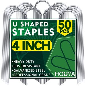 HOUYA U Shaped Staples 4 Inch Galvanized Steel Heavy Duty <b>Garden</b> Stakes - Product Image 1