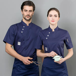 Salopette de <span class=keywords><strong>chef</strong></span> unisexe à manches courtes Blouses d'été Vêtements de <span class=keywords><strong>cuisine</strong></span> réguliers pour hôtel et restauration Chemises de printemps tissées pour femmes - Product Image 2