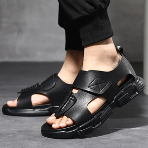 Roman Leather Sandals Men Summer Velcro Closure Black Outdoor <b>Slippers</b> Casual Beach Shoes Youth Style - Product Image 4