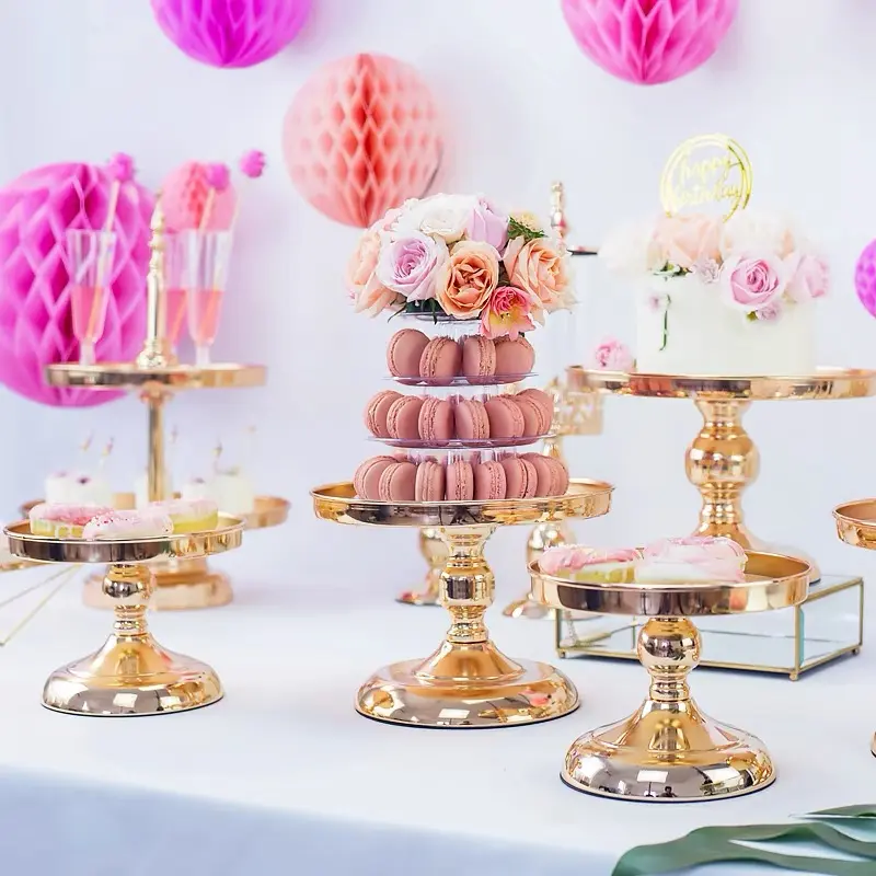 Mesa redonda de postre de lujo, decoraciones de exhibición, mini espejo de 3 niveles, metal dorado, pastel de magdalenas, juego de soporte de té de la tarde para boda