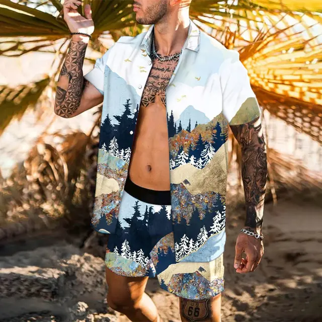 New Arrival Men Summer Beach Shirt Wear jogging suit for men two piece short set Printed Short Sleeve Shirts And Shorts Set