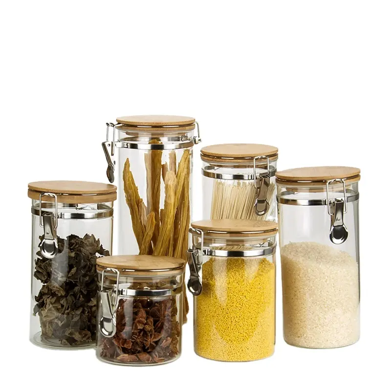 Hot sale Glass Canister Set with bamboo lid Kitchen Storage Containers for Flour Coffee Sugar Spice Candy