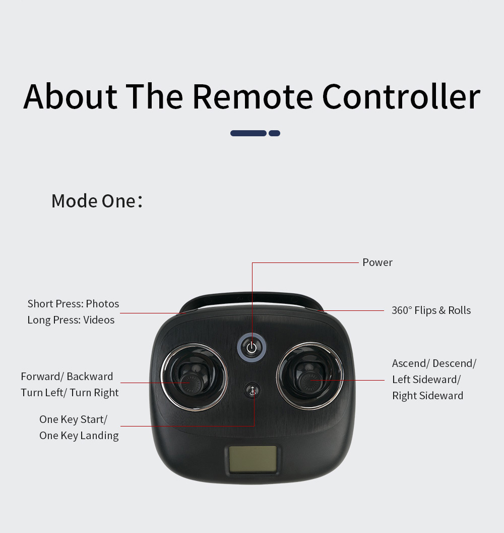 JJRC H86 Drone, the remote controller mode one: power short press: photos 360? flip