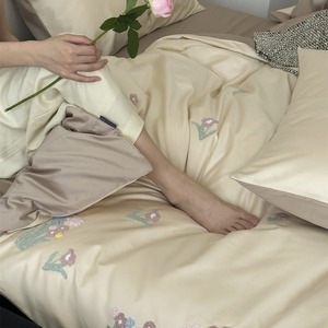 Parure de lit brodée florale en coton à fibres longues 100 fils, respirante, style drap de lit - Product Image 4