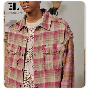 LARSUR <span class=keywords><strong>camicie</strong></span> di flanella in lana/poliestere Plaid con bordi grezzi Patchwork giacca di flanella con bottone da uomo - Product Image 4