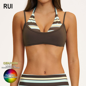 RUIQUWIN 2026 Women's Halter <b>Neck</b> Sports Bra Double Layer Contrast Color Printed Yoga Bra <b>Padded</b> Backless Fitness Yoga Wear - Product Image 1