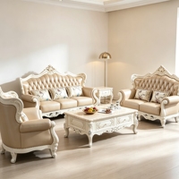 Europäisches Klassisches Ledersofa-Set Massivholz Geschnitztes Luxus-Wohnzimmersofa Möbel für Zuhause, Hotel und Villa