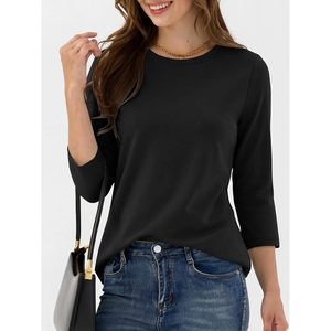 FOXA Haut à manches 3/4 pour femme, col rond, t-shirt basique en tricot doux, anti-rides, décontracté, pour tous les jours, vêtements de printemps et d'été - Product Image 3