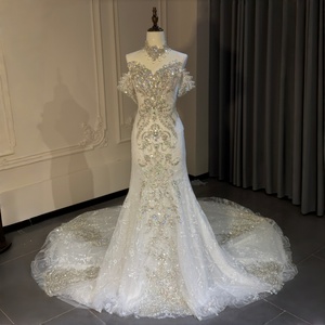 Robe de mariée sirène élégante blanche à col montant, ornée de cristaux argentés et de perles, avec manches bouffantes surdimensionnées, modèle Xs323 Jancember - Product Image 1
