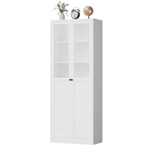 White Cold Rolled Steel <b>Kitchen</b> Pantry Cabinet, Glass & Solid 4 Doors <b>Storage</b> <b>Cupboard</b> with Adjustable Shelves for Dining Room - Product Image 4