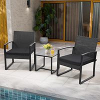 Ensemble bistrot 3 pièces en osier moderne pour extérieur, 2 chaises et table basse, pour balcon, véranda, jardin, cour, bord de piscine, cadre noir et coussins