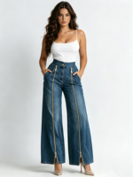 Jean large à double fermeture éclair pour femme, taille haute, en denim fluide, coupe droite, ample, décontracté, style streetwear
