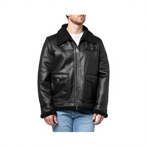 Men's Genuine <b>Leather</b> Bomber <b>Jacket</b> With Faux Fur Lining Zipper Closure Windproof <b>Winter</b> Moto Style Regular Fit - Product Image 4