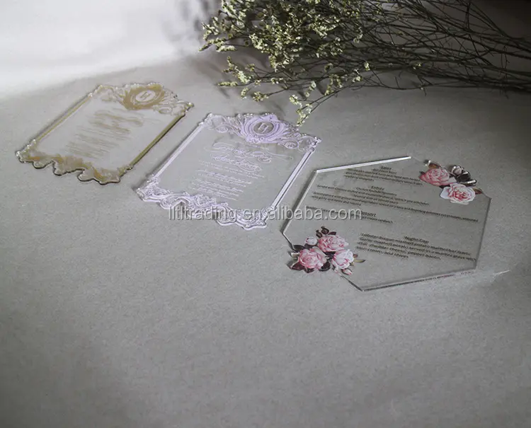 ユニークなカスタム新しいクリアアクリルレーザーカット結婚式の招待状豪華なカードの招待状結婚式のプラスチックガラスの結婚式の招待状