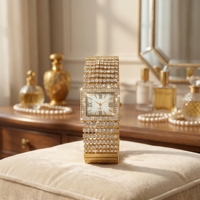 Montre Femme Luxe Or Doré avec Bracelet Tennis Entièrement Sertie de Diamants et Strass, Cadran Rectangulaire en Nacre et Quartz Cristal