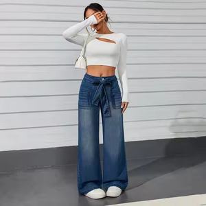 Jeans de mezclilla casuales de tiro bajo 2025, desgastados, de pierna ancha, lavado claro, transpirables, estilo cargo, para mujer - Product Image 1