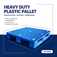 Palette en plastique bleue de qualité export 1000x1000mm à trois skids, surface grillagée, pour entrepôt