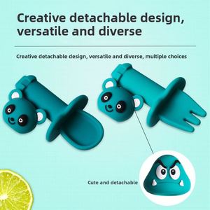 Cuchara de silicona para bebés, cuchara suave de dibujos animados para niños, tenedor corto, juego de alimentación para bebés, para entrenamiento de alimentación complementaria, en stock - Product Image 2