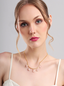 Raw Rose Quartz Crescent Bar <b>Necklace</b> Pink Crystal Gold Tone Curb Chain Modern Elegant <b>Statement</b> Jewelry for Women - Product Image 2