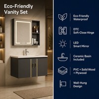 Meuble de salle de bain moderne et écologique avec miroir LED, robinet à arrêt progressif mural et vasque de rangement.