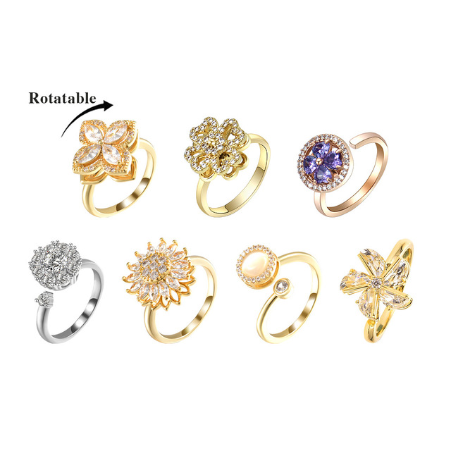 2022 Tiktok Hot Relieving Anxiety Stress Boredom Fidget Spinner Rings Cubic Zircon Adjustable Rotatable Spinner Rings for Women