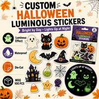 Autocollants d'Halloween Lumineux de Nuit Imperméables Découpés sur Mesure avec Logo Personnalisé, Motifs Chat et Chapeau de Sorcière, pour Scrapbooking et Fêtes