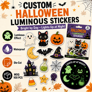 Autocollants d'Halloween Lumineux de Nuit Imperméables Découpés sur Mesure avec Logo Personnalisé, Motifs Chat et Chapeau de Sorcière, pour Scrapbooking et Fêtes - Product Image 1