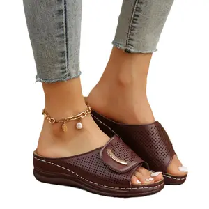 New European and American Large Casual Round Head Composite Buckle PU Leather One Line Slope Heel Slippers for Women