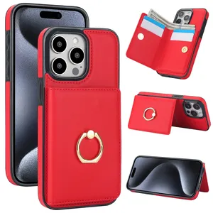 Capa de couro magnético para celular, novidade vermelha com suporte flip, capa traseira com anel e suporte para iphone 15 Pro 15 Pro Max